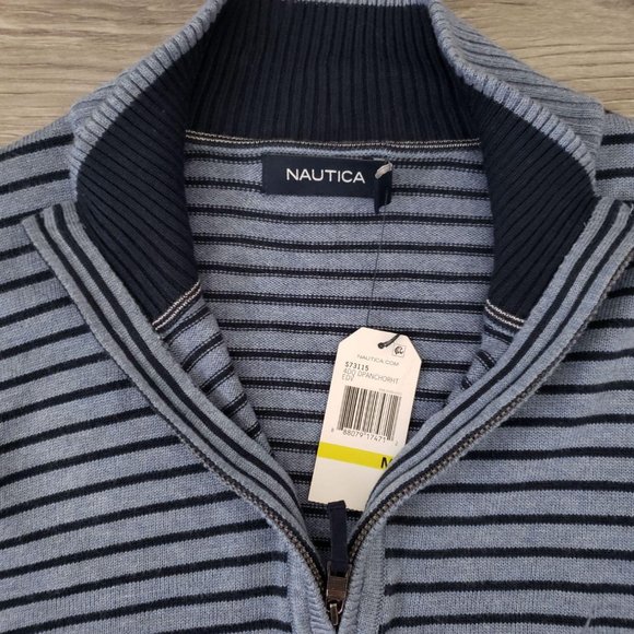 Nautica Mock Turtleneck Striped Knit Pullover Sweater Blue Size Medium - Picture 7 of 11